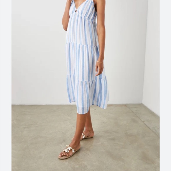 Rails Avril Dress Gibson Stripe Blue/ White Linen Midi Tiered Sundress NWOT - Picture 2 of 11